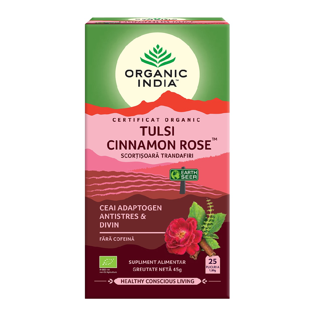 Ceai Bio Tulsi Scortisoara Ceylon si Trandafir, 25 plicuri, Organic India